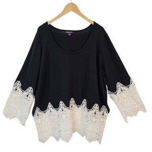 Roamans Lace Trim Knit Tunic Sweater Plus 1X Black Boho Bell Sleeve Going Out